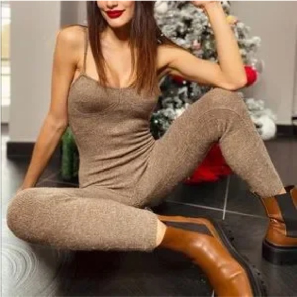 Zara knit jumpsuit tank top M taupe - Picture 1 of 7